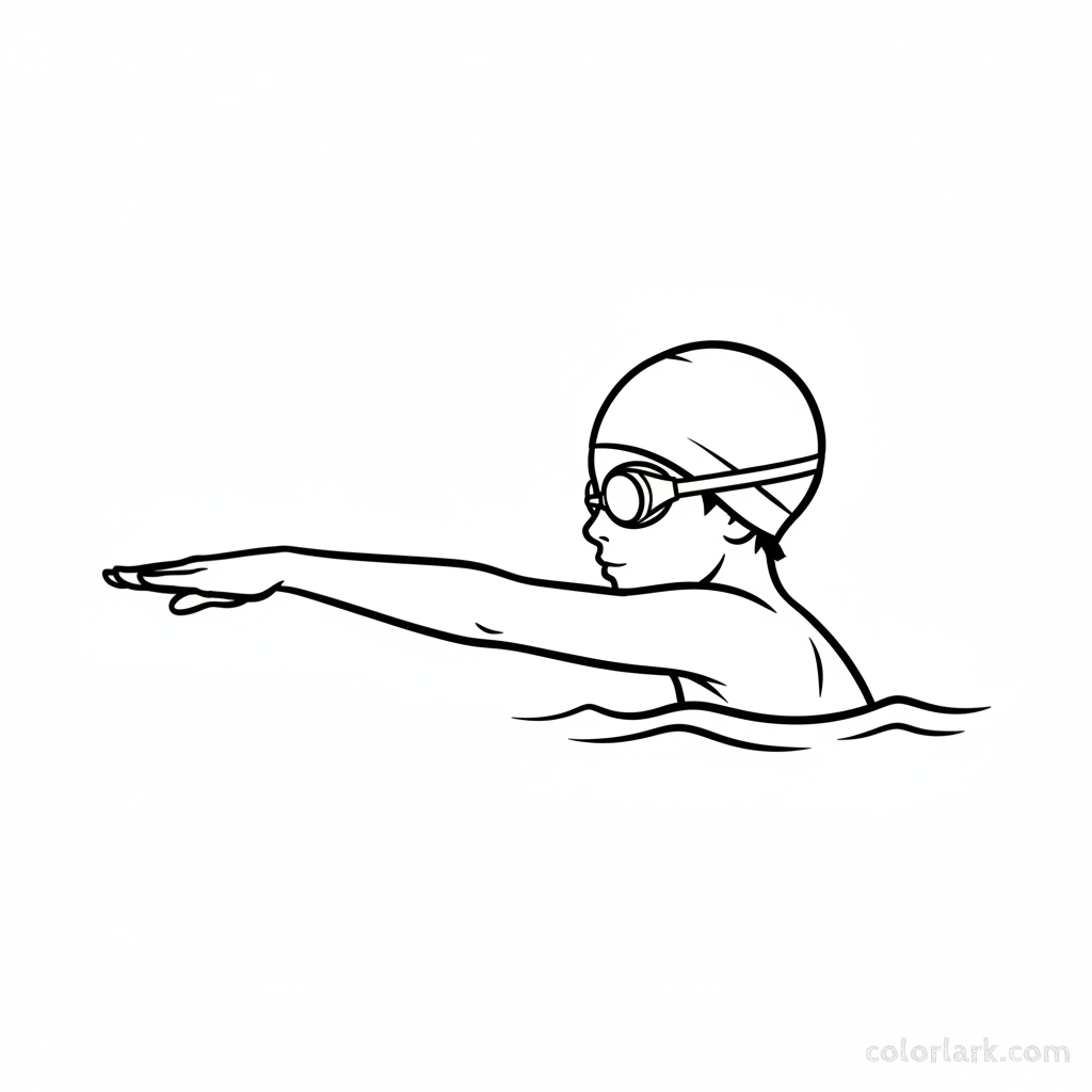 Black and white line art of a child practicing a freestyle catch-up drill in a pool, wearing a swim cap and goggles.