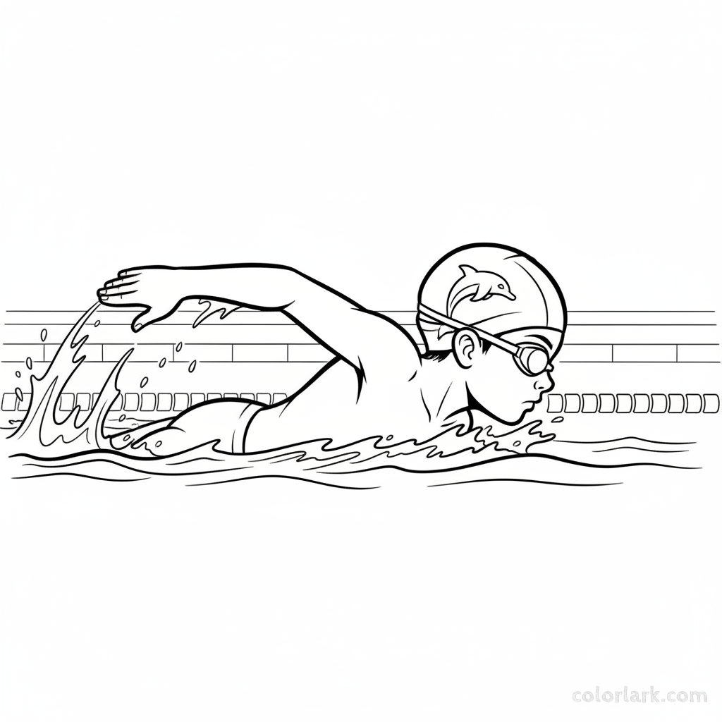 Black and white line art of a child practicing freestyle for a school swim meet in a pool, wearing a swim cap and goggles.
