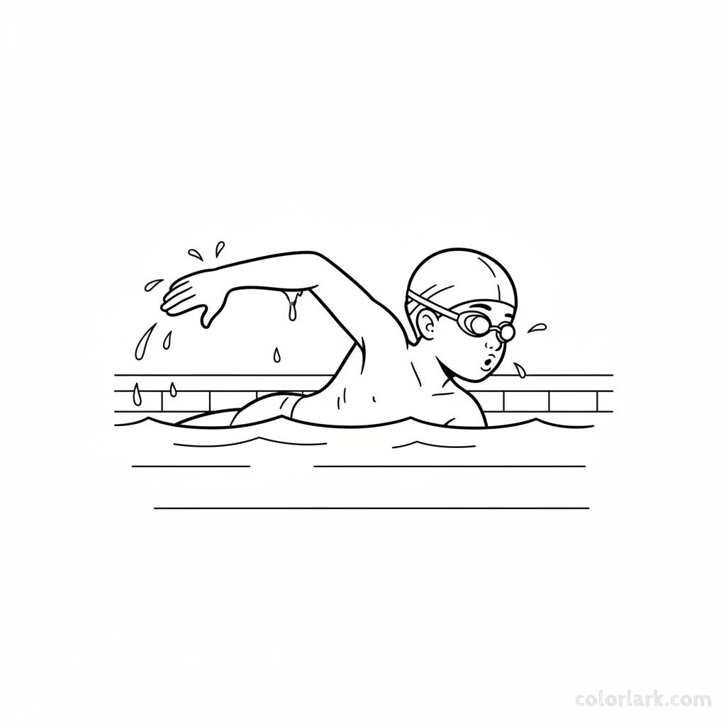 Black and white line art of a child practicing the freestyle recovery arm phase in a pool, with cap and goggles visible.
