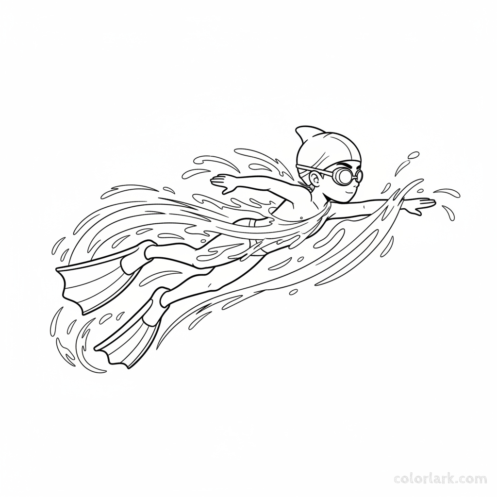 Black and white line art of a child practicing freestyle with flippers in a pool, wearing a swim cap and goggles.