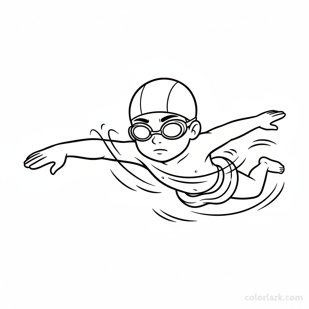 Black and white line art of a child practicing freestyle with a pull buoy in a pool, wearing a swim cap and goggles.