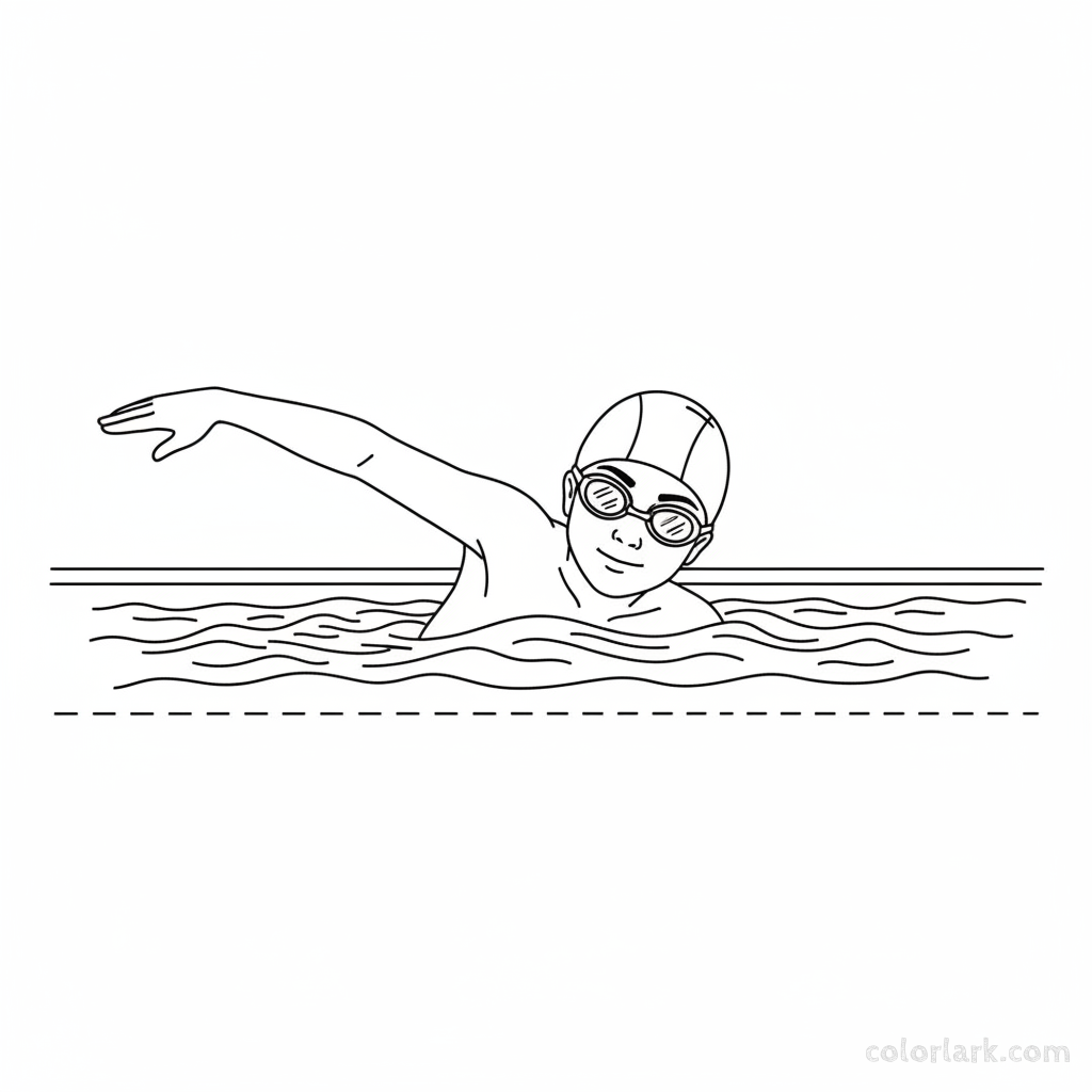 Black and white line art of a child practicing long-distance freestyle swim in a pool, wearing a swim cap and goggles.