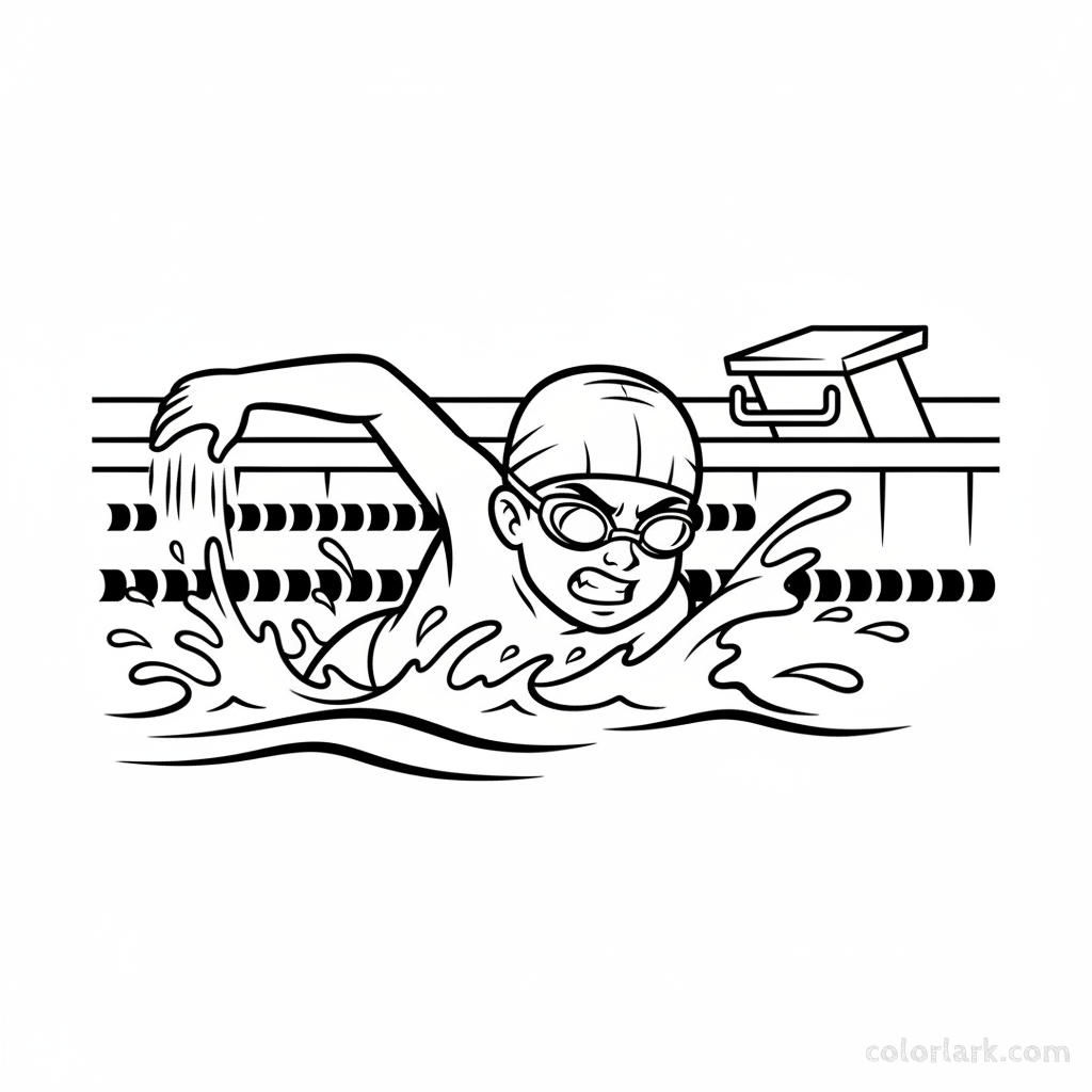 Black and white line art of a child racing freestyle in a competition pool, wearing a swim cap and goggles.