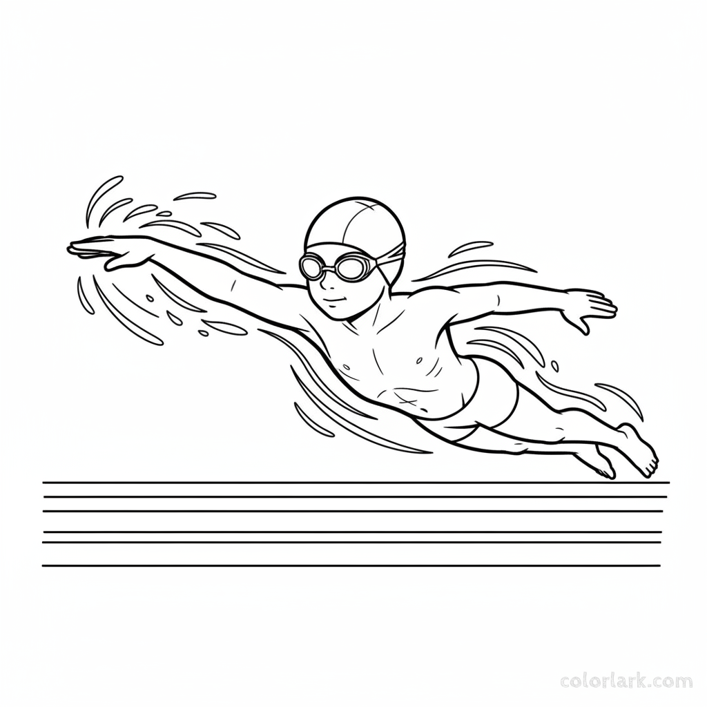 Black and white line art of a child demonstrating a freestyle backstroke crossover in a pool, wearing a swim cap and goggles.