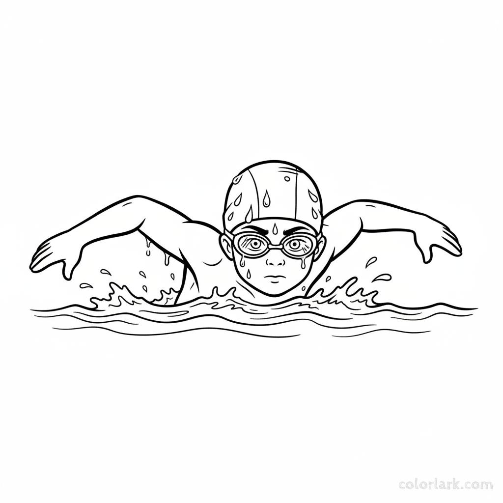 Black and white line art of a child swimming freestyle with water droplets, wearing a swim cap and goggles.