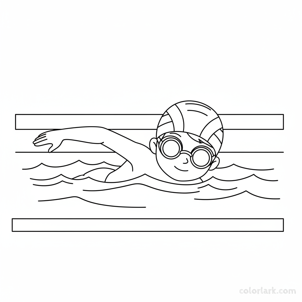 Black and white line art of a child swimming freestyle in a pool, wearing a patterned swim cap and goggles.