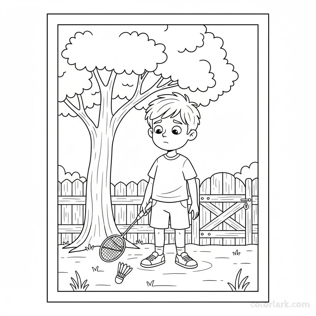Line art of a child with a badminton racket watching a shuttlecock fall.