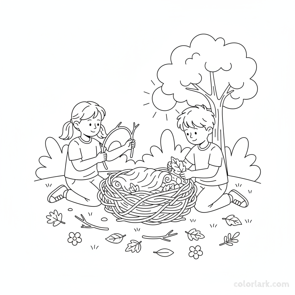 Black and white line art of two children working together to build a pretend bird's nest with twigs and leaves.