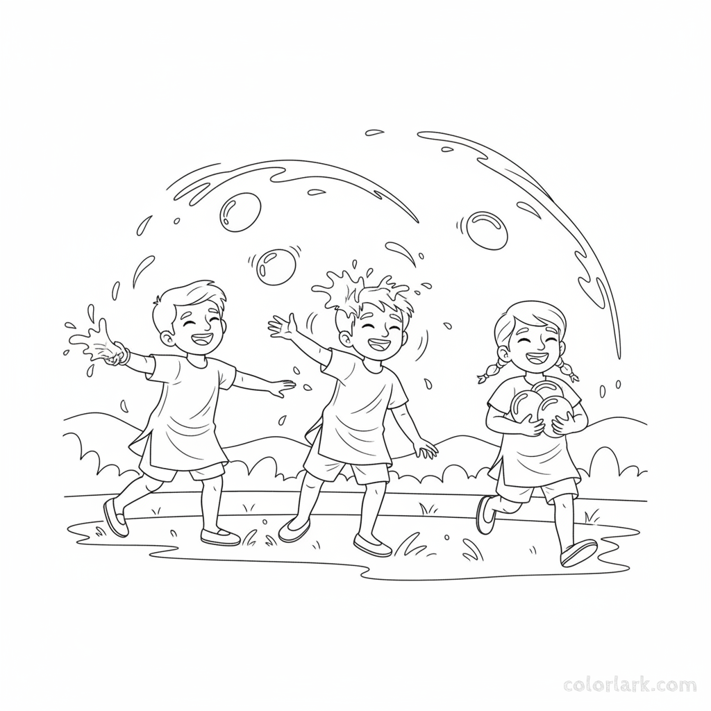 Children chasing with water balloons during Holi festival coloring page.