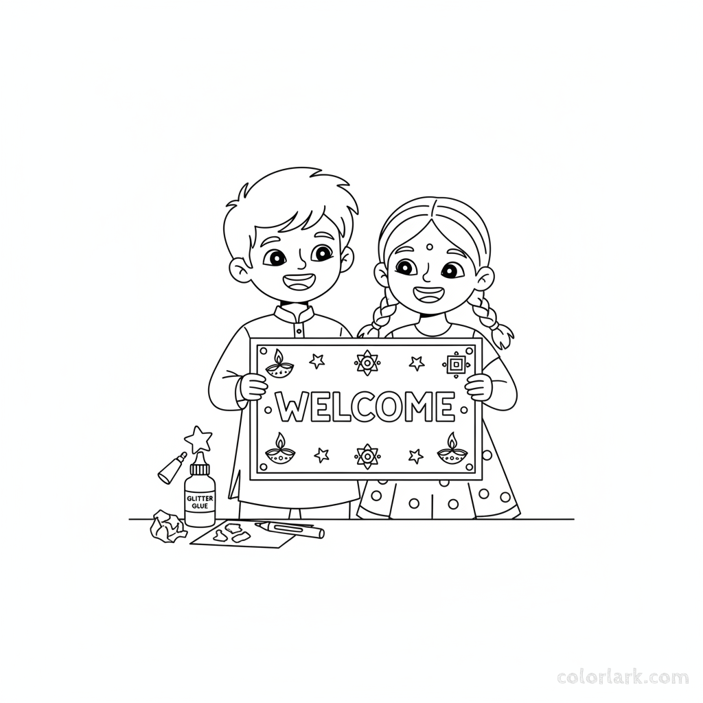 Children proudly holding a handmade Diwali welcome sign adorned with festive motifs, ready to hang, black-and-white line art