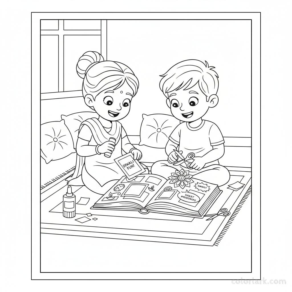 Children creating a Diwali-themed scrapbook with memories and photos, focused and joyful, black-and-white line art