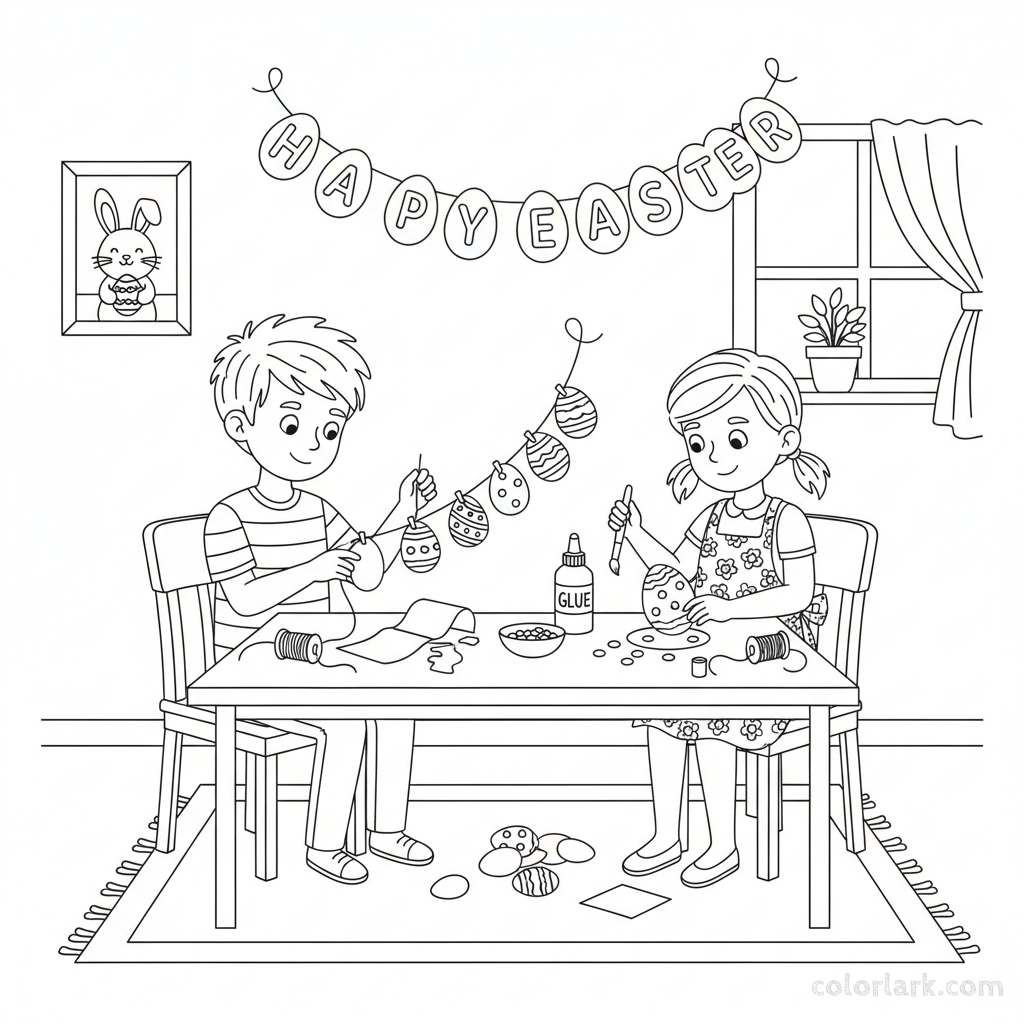 Black and white line art of two children making an Easter egg garland with strings and paper egg cutouts.