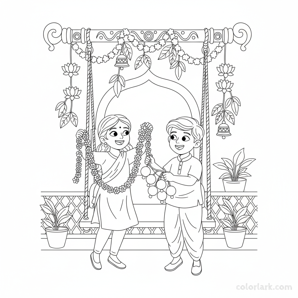 Children happily decorating a festive swing (Jhula) with garlands and flowers for Diwali fun, joyful, line art