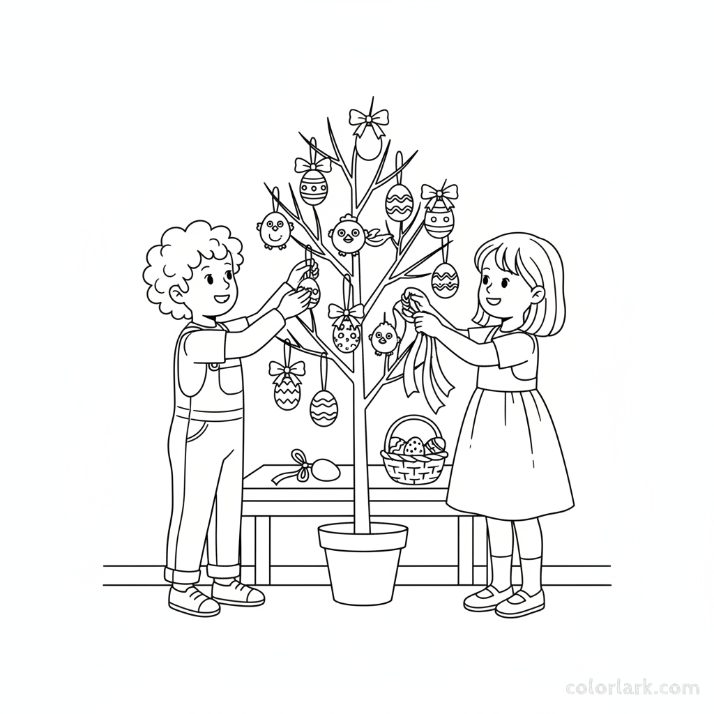 Black and white line art of two children carefully decorating a small 'Easter tree' with eggs and ribbons.
