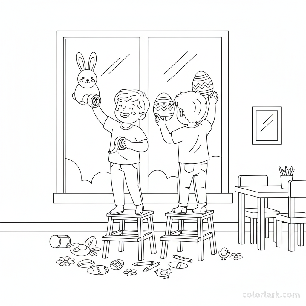 Black and white line art of two children on step stools, decorating a window with Easter bunny cutouts and egg stickers.