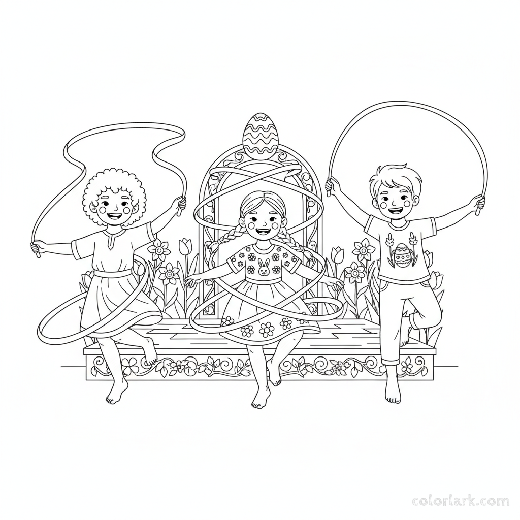 Black and white line art of three diverse children joyfully performing ribbon dances for an Easter celebration.