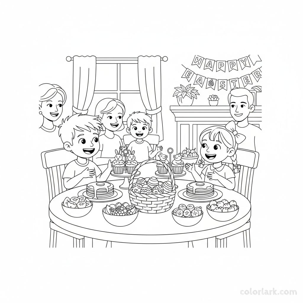 Black and white line art of two happy children enjoying an Easter brunch at a dining table with family.