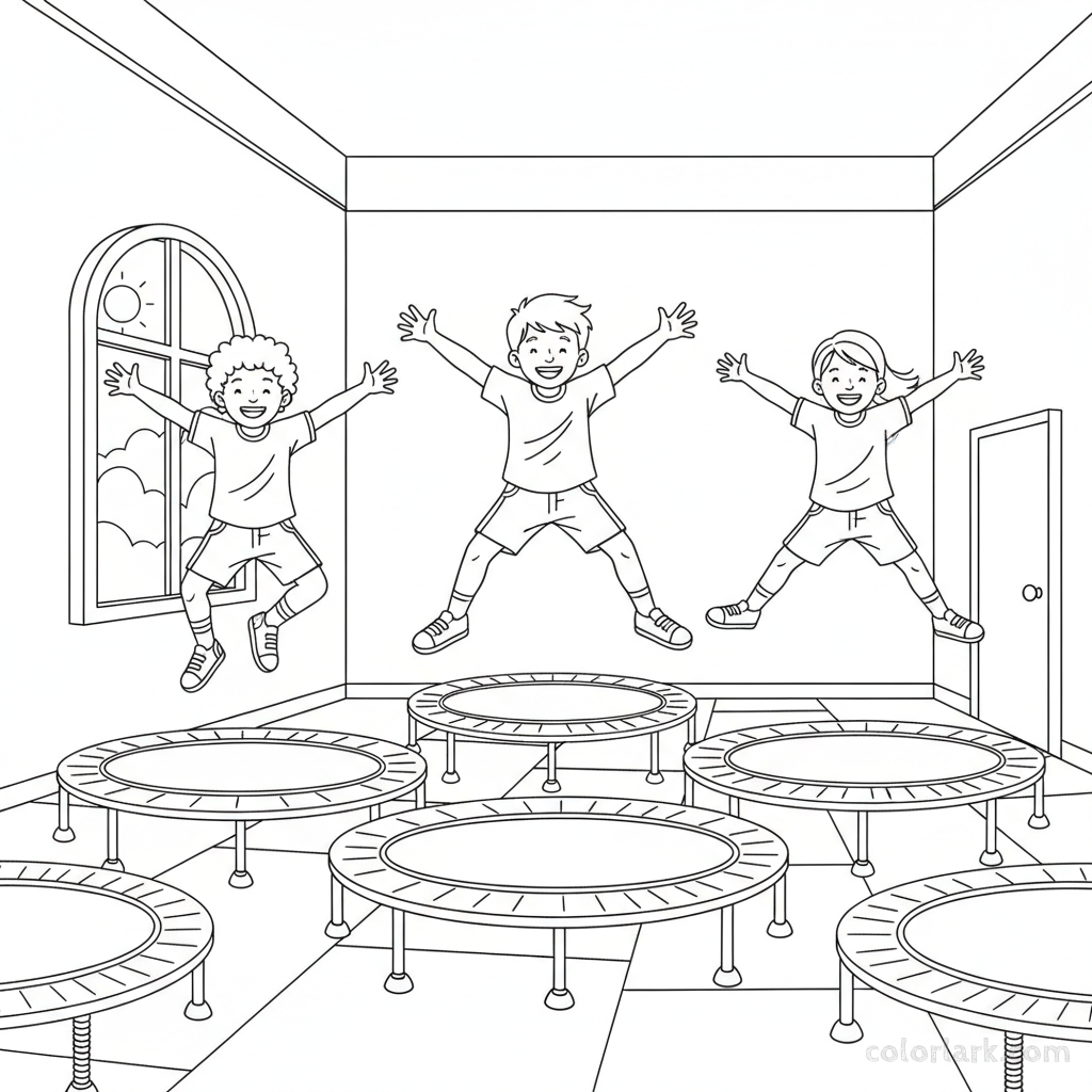 Black and white line art of children exercising on trampolines in a bright kids gym setting.