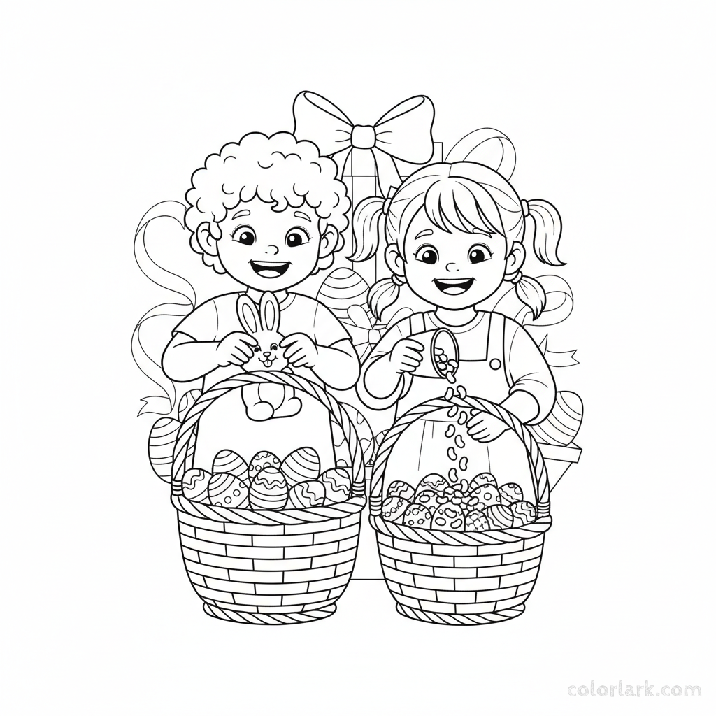 Black and white line art of two children happily filling their Easter baskets with candy and treats.