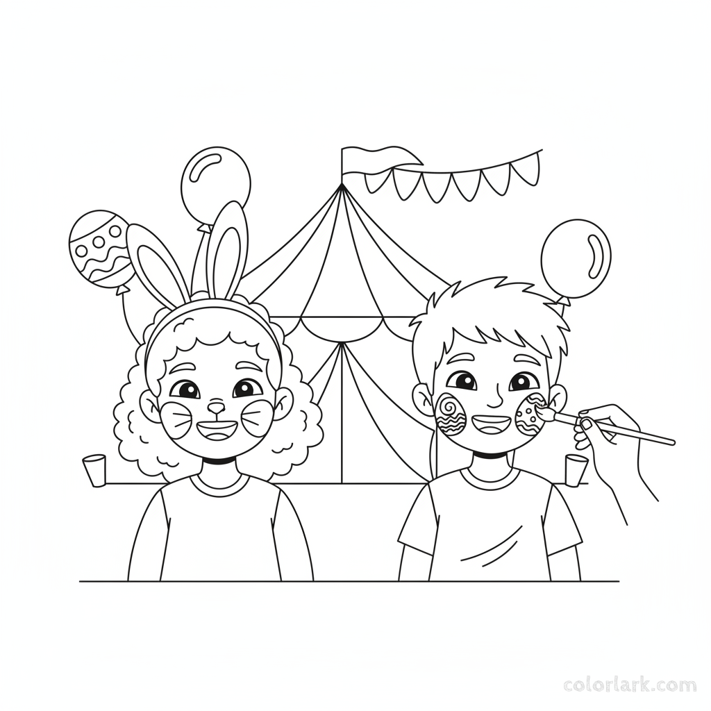 Black and white line art of two children getting Easter bunny and egg designs painted on their faces.