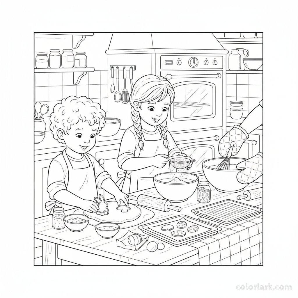 Black and white line art of two children helping bake Easter cookies in a kitchen, using cookie cutters.