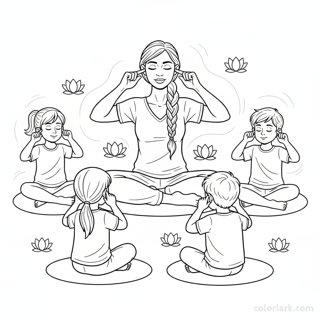 Line art of children learning Bee Breath (Bhramari Pranayama) with a teacher.
