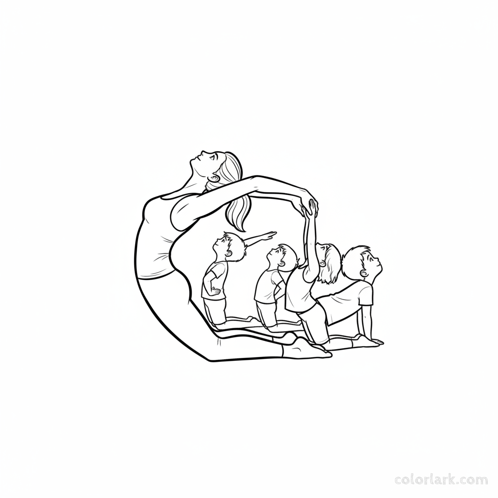 Line art of children learning Camel Pose for backbend with a yoga instructor.
