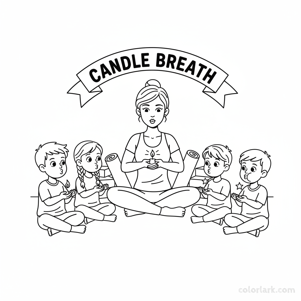 Line art of children learning Candle Breath for calmness with a yoga instructor.