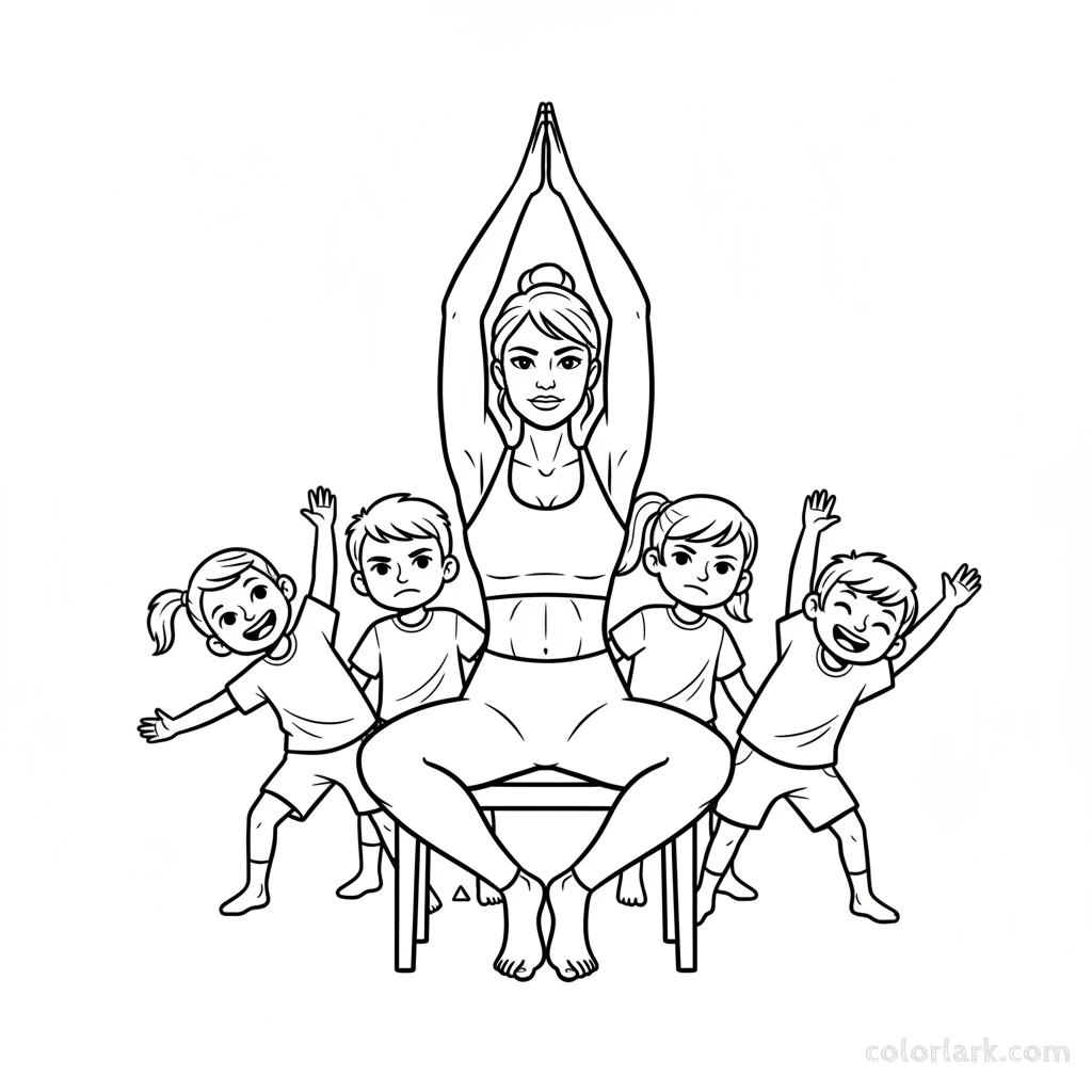 Line art of children learning Chair Pose for strength with a yoga instructor.