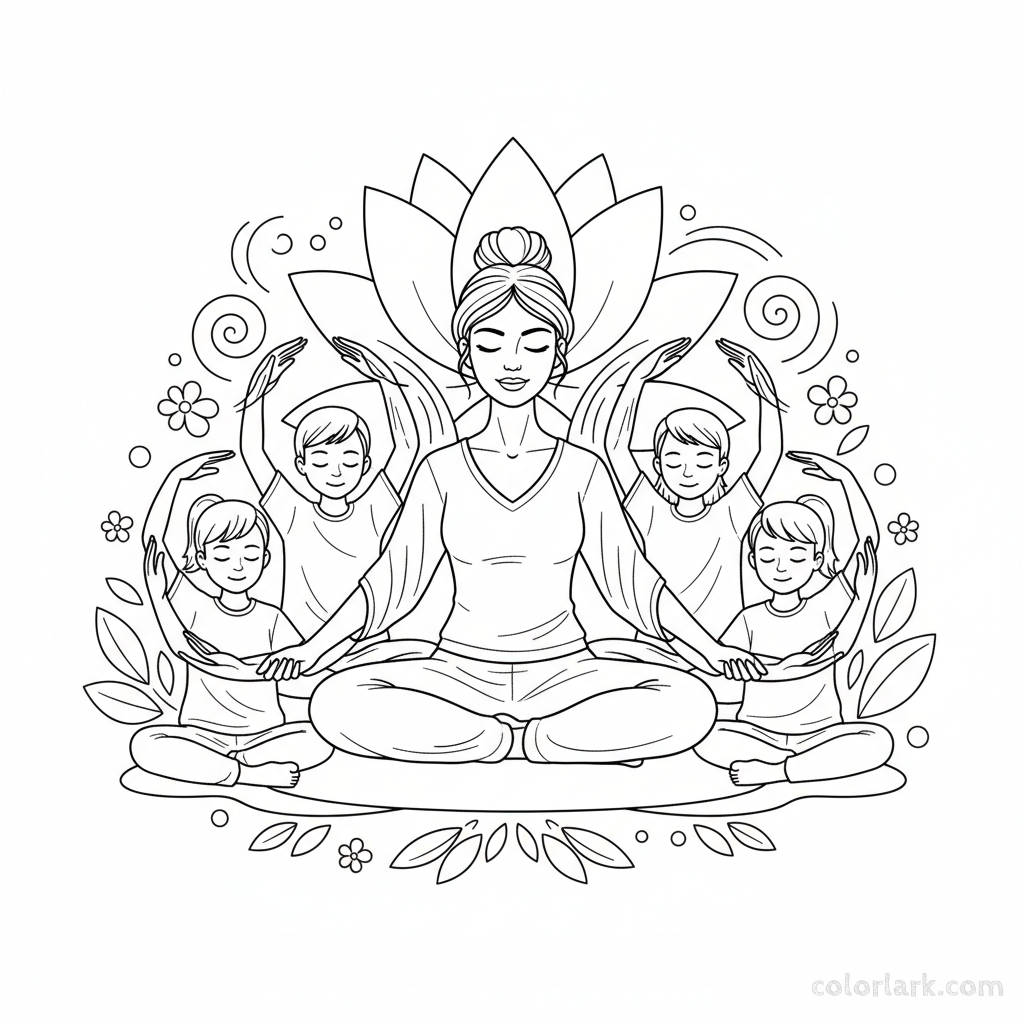 Line art of children learning Flower Breath for calmness with a yoga teacher.