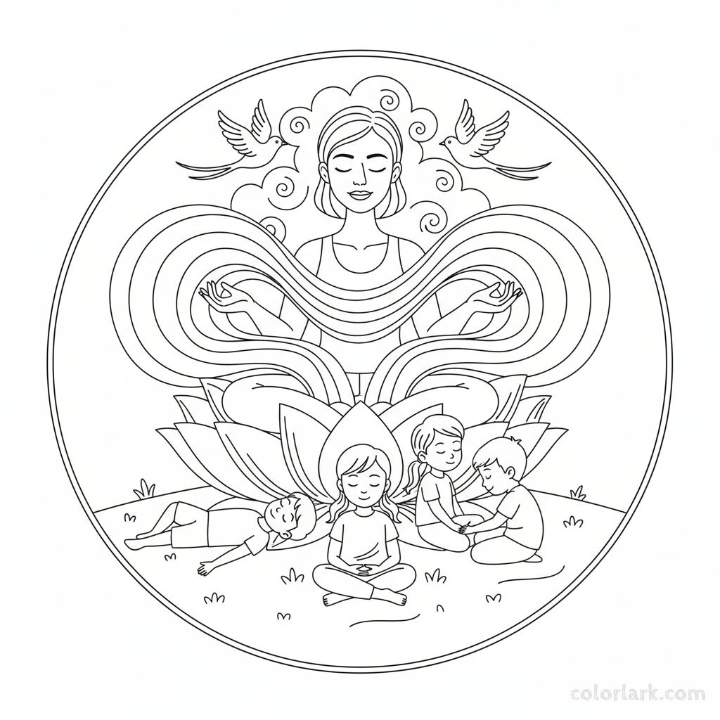Line art of children learning Rainbow Visualization meditation with a yoga teacher.