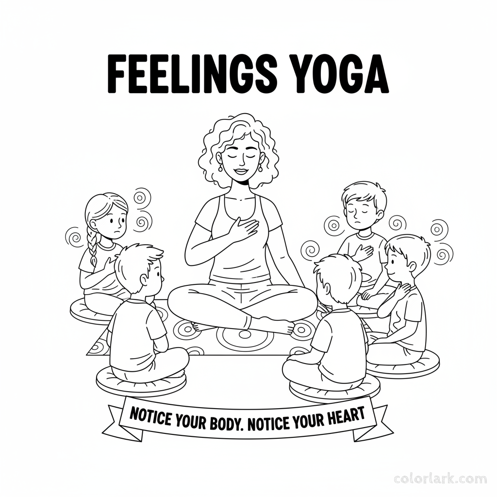 Line art of children learning to feel emotions with a yoga teacher.