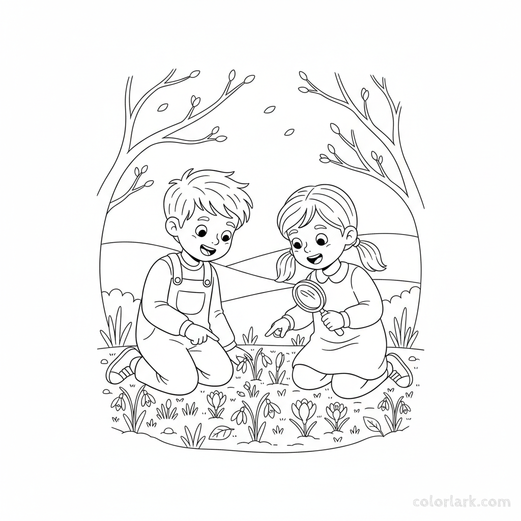 Black and white line art of two children kneeling, looking for the first spring flowers in a garden.