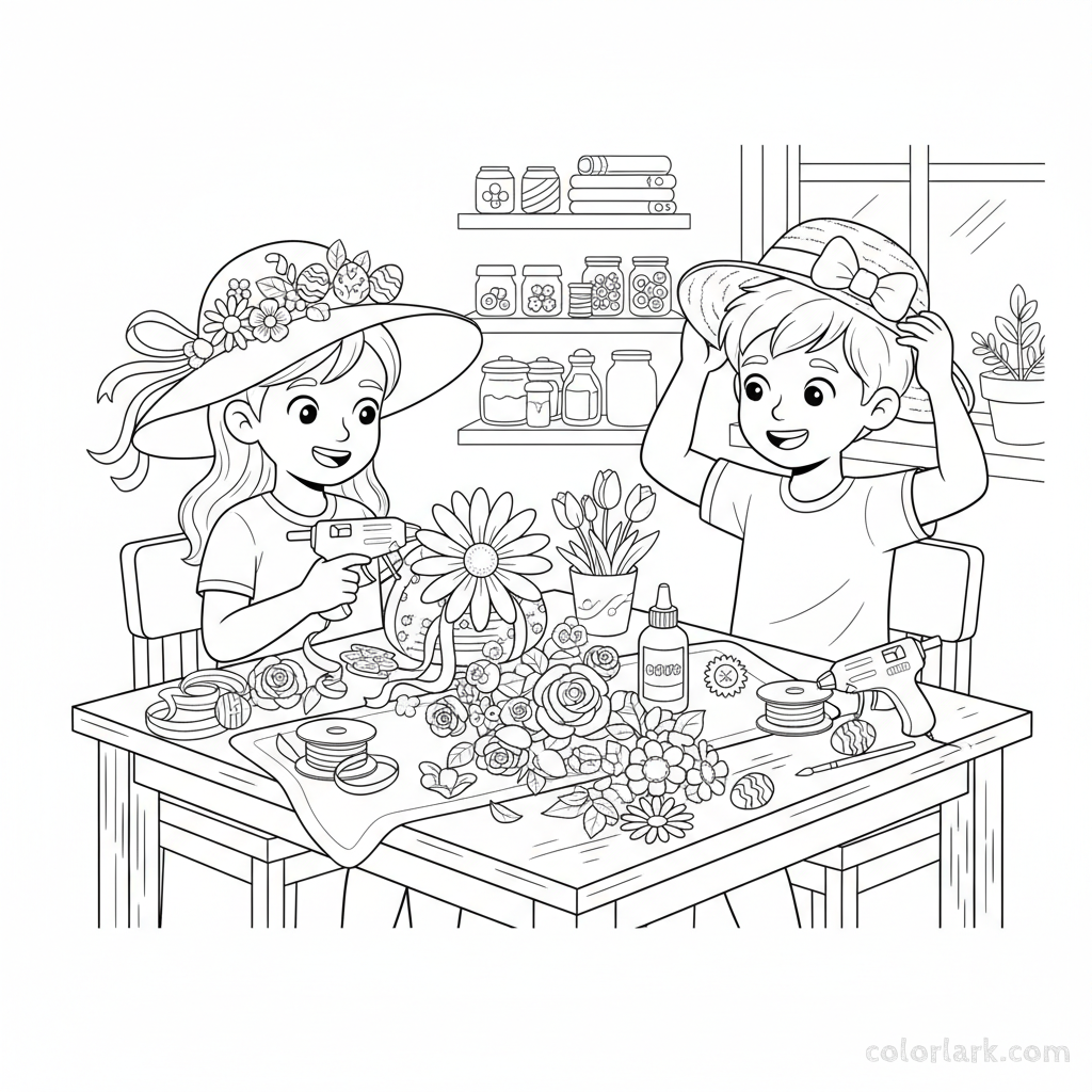 Black and white line art of two children decorating Easter bonnets with ribbons, flowers, and eggs.