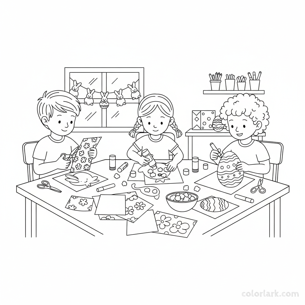 Black and white line art of three children making various Easter crafts like paper bunnies and chicks at a table.