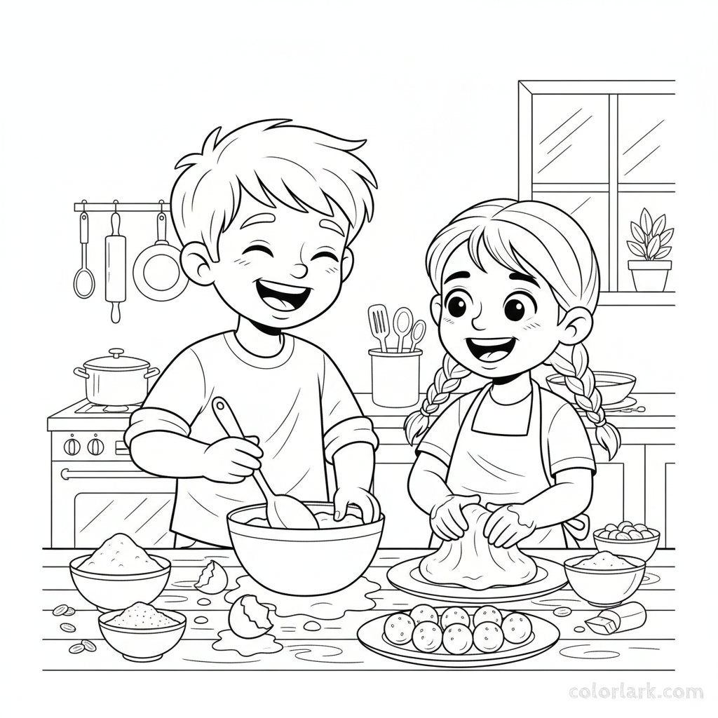 Line art of children making Rakhi sweets and ladoos in the kitchen