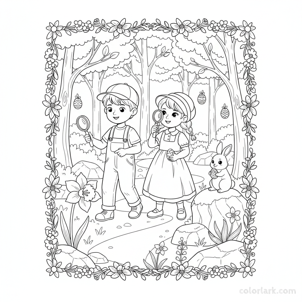 Black and white line art of two children on an Easter-themed nature walk, observing flowers and a small animal.