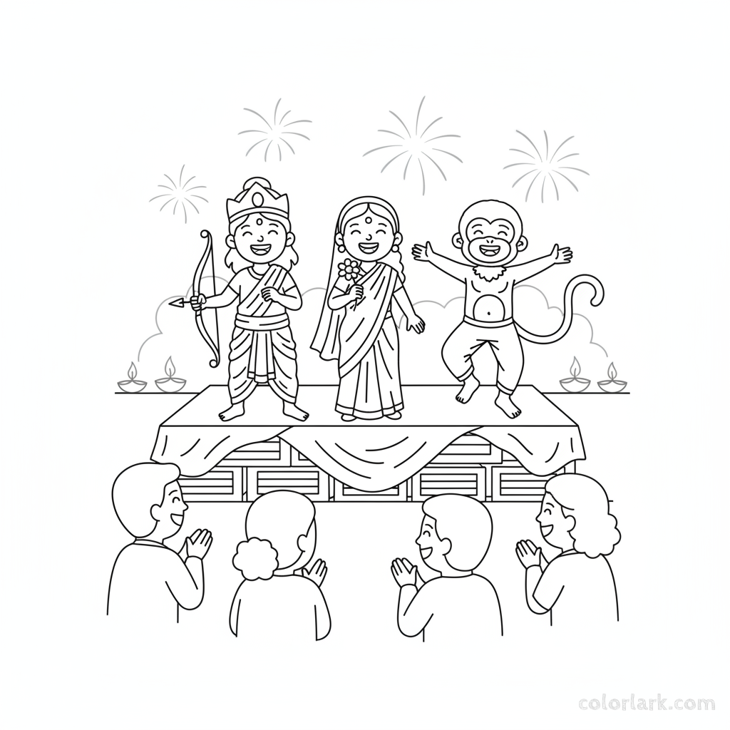 Children performing a small skit based on a Diwali story for family, with theatrical expressions and simple props, line art