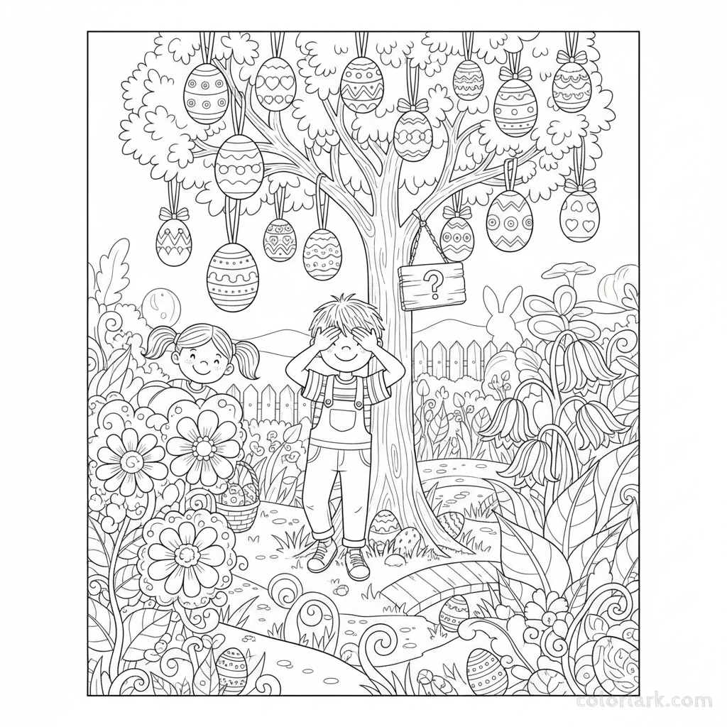 Black and white line art of three children playing hide and seek in a garden with an Easter egg twist.
