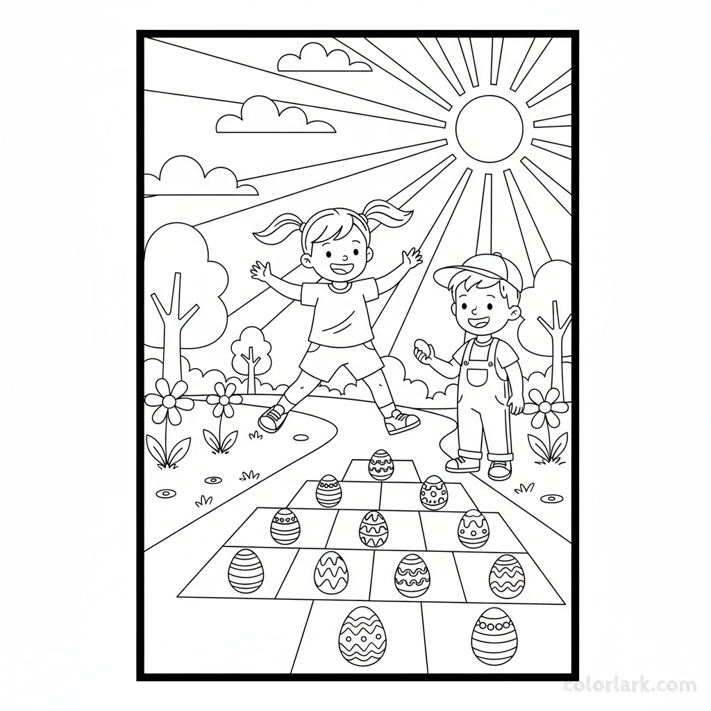 Black and white line art of two excited children playing hopscotch with Easter egg designs on an outdoor path.