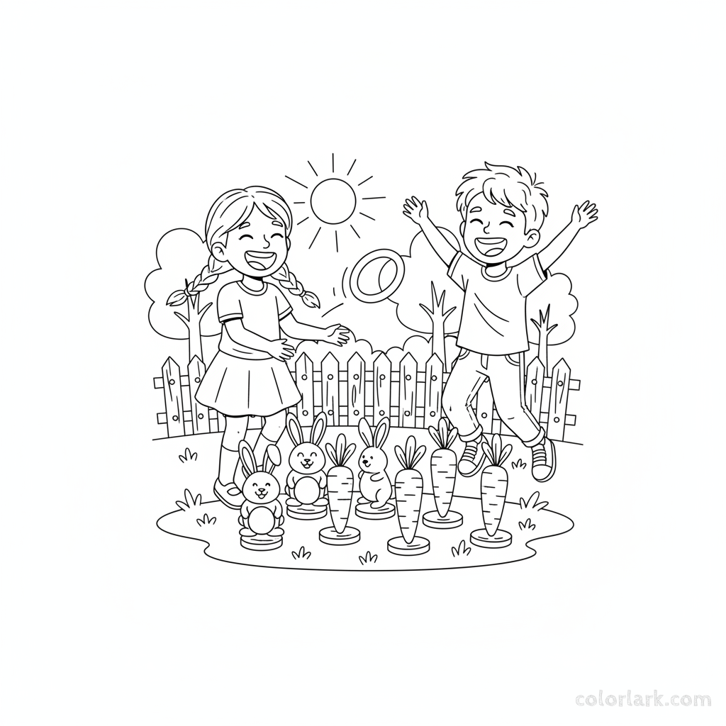 Black and white line art of two children playing ring toss with bunny and carrot targets outdoors.