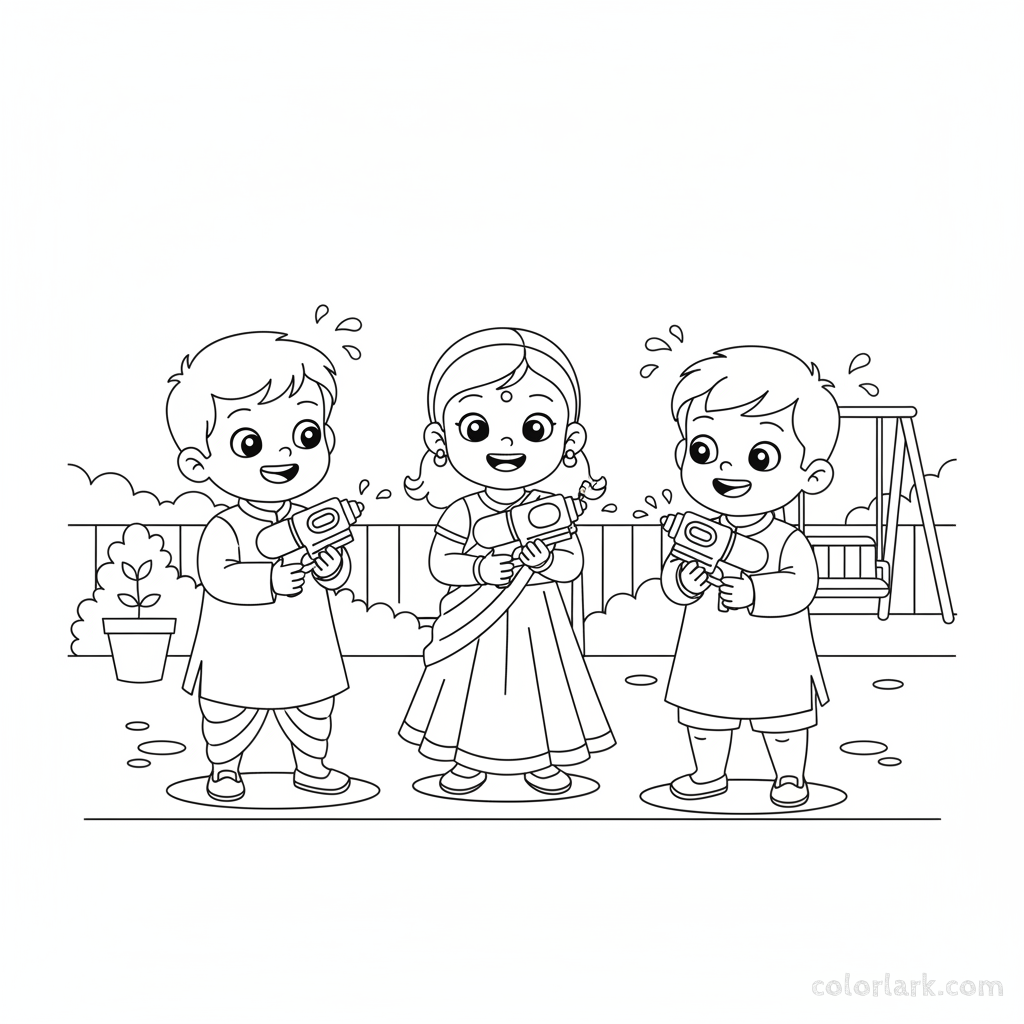 Children playing with miniature pichkaris on Holi coloring page