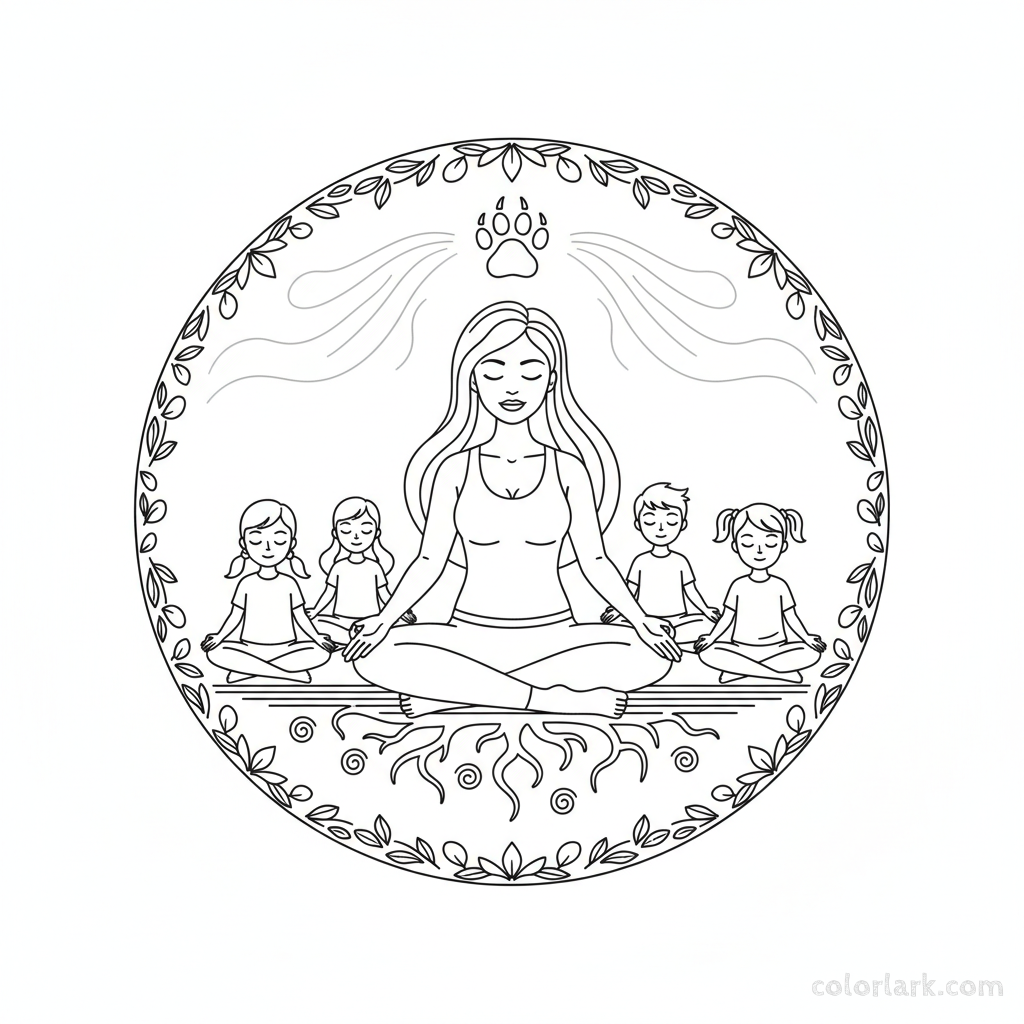 Line art of children practicing Bear Breath for grounding with a yoga teacher.
