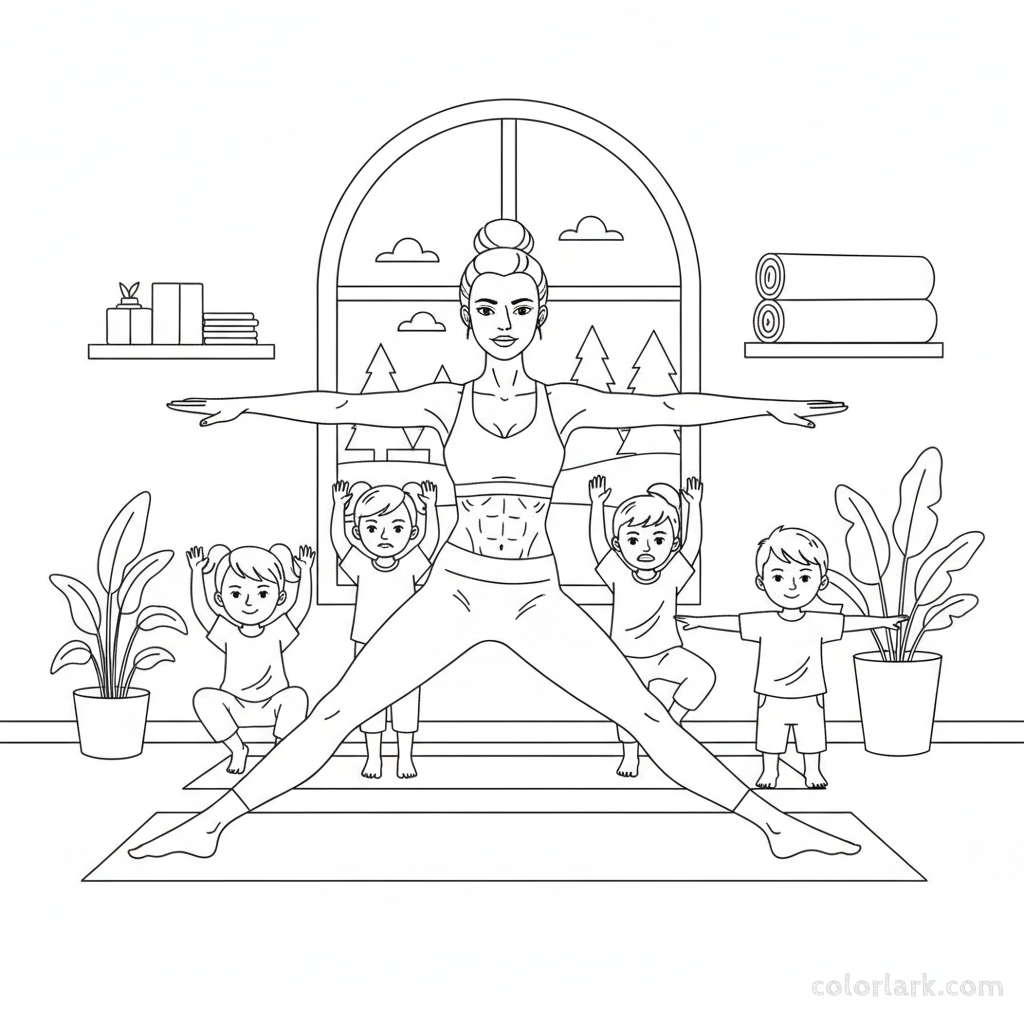 Line art of children practicing Boat Pose with a yoga instructor.