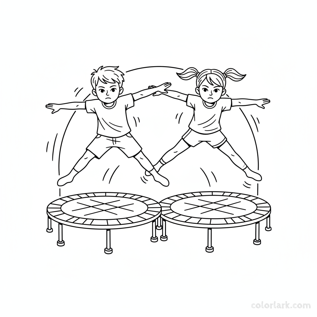 Black and white line art of children practicing coordination by jumping side-by-side on trampolines.