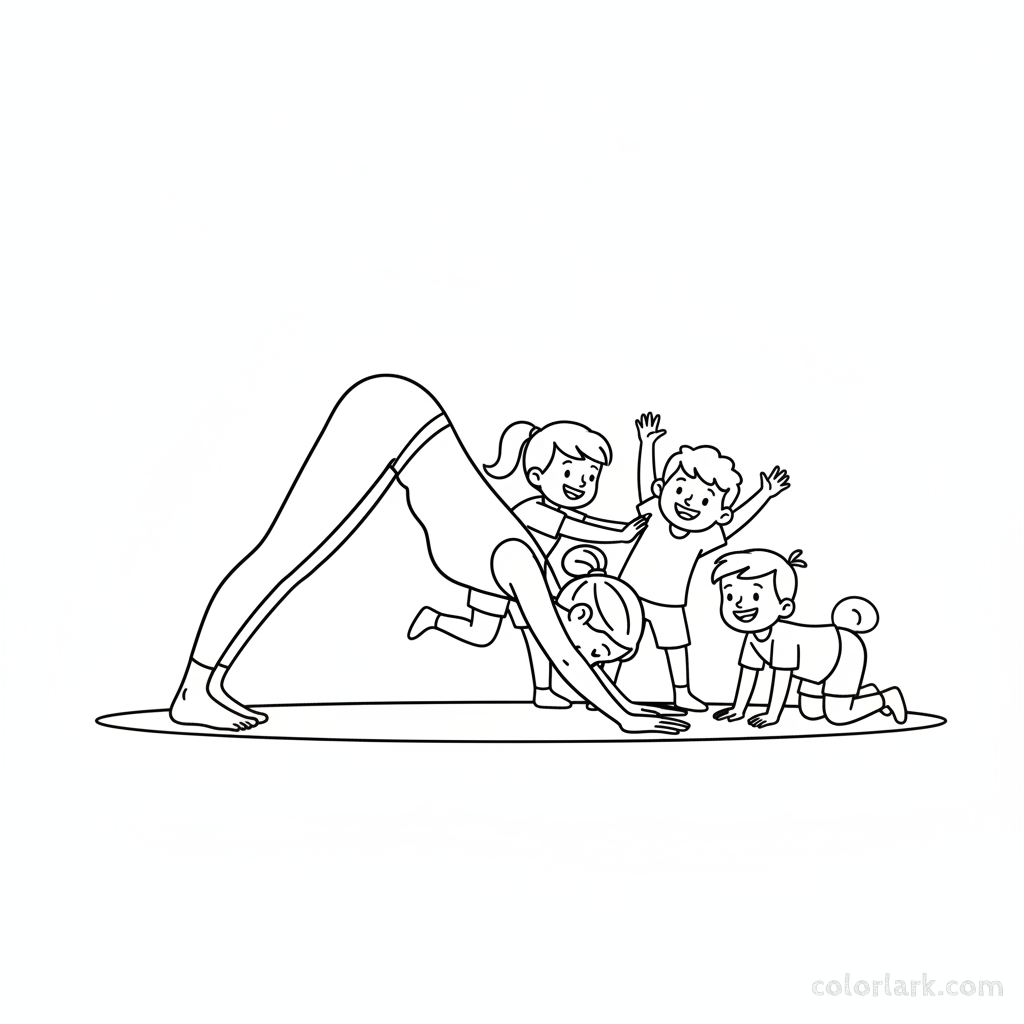 Line art of children practicing Downward Dog yoga pose with a teacher.