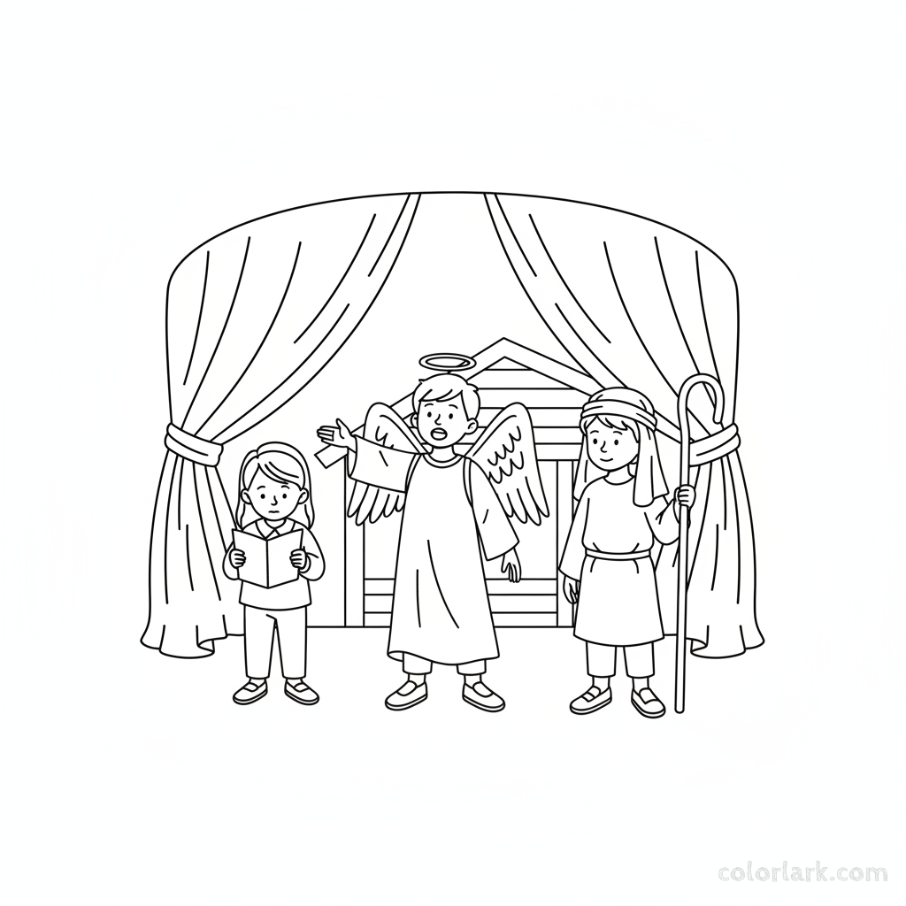 Black and white line art of three children rehearsing an Easter play, dressed as an angel and a shepherd.