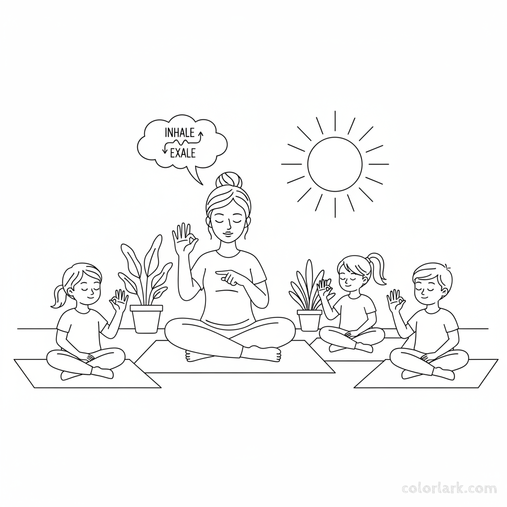 Line art of children practicing Five Finger Breath with a yoga teacher.