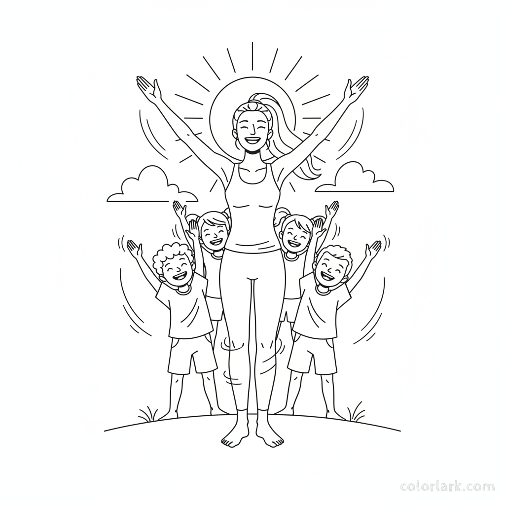 Line art of children practicing Growing Tall Breath with a yoga teacher.