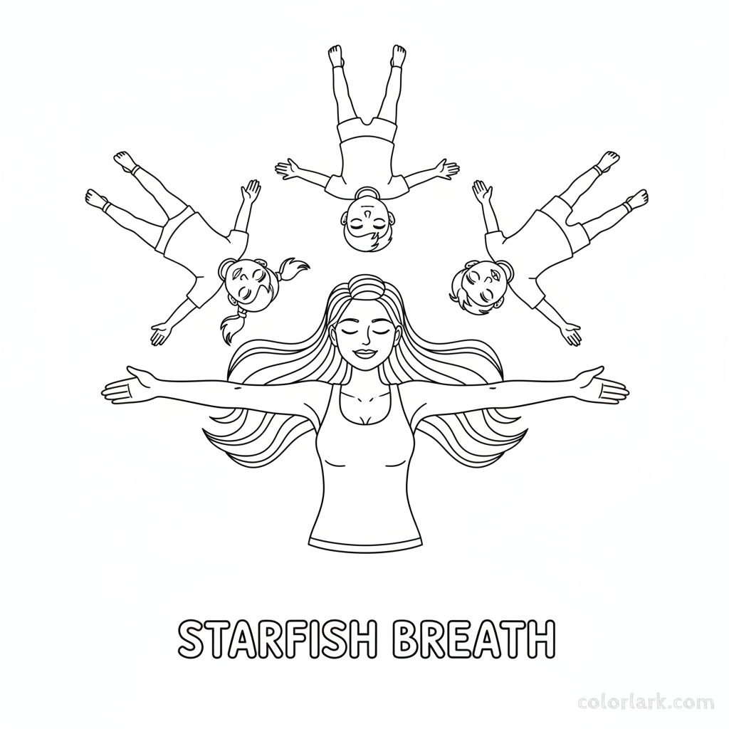 Line art of children practicing Starfish Breath for relaxation with a yoga teacher.